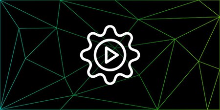 Faintly outlined triangle mesh on black background with a bright icon of a gearwheel at the center
