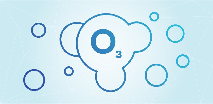 Hình ảnh phân tử ozone màu xanh lam trên nền xanh nhạt
