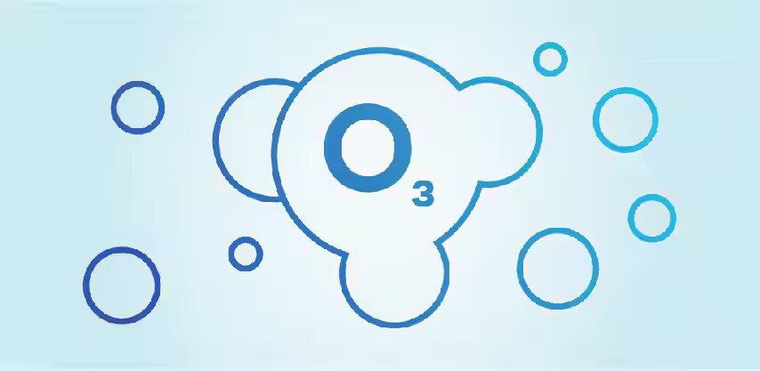 Hình ảnh phân tử ozone màu xanh lam, trên nền xanh nhạt
