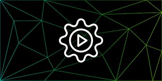Faintly outlined triangle mesh on a black background with an icon of a gearwheel at the center
