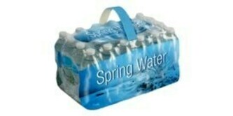 Image of a case of water bottles with a carry handle attached to the packaging
