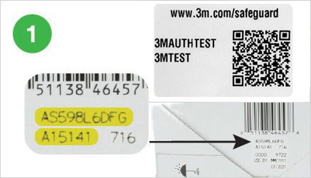 Sơ đồ chỉ vị trí tìm mã xác thực gồm 10 chữ số duy nhất ở mặt đáy của hộp sản phẩm 3M chính hãng.
