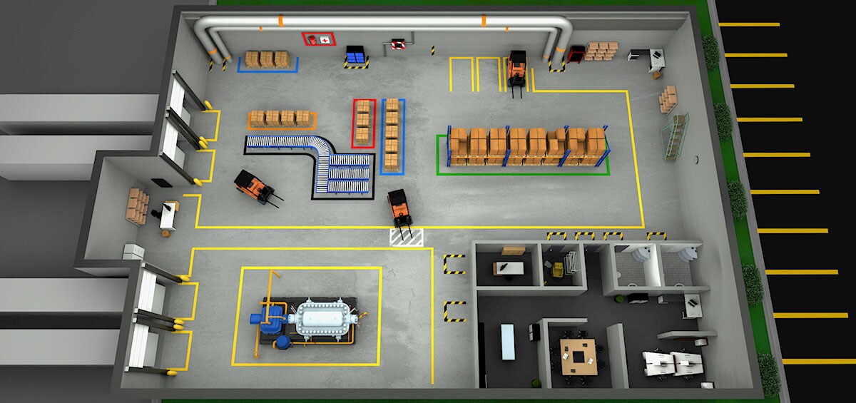 Sơ đồ đánh dấu sàn 3D số 3 cho việc điều chỉnh bố cục khu vực sản xuất
