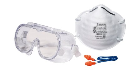 Image of safety goggles, an N95 mask and corded ear protection
