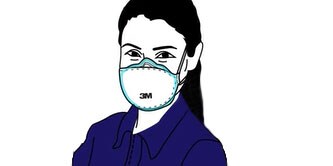 hình minh họa người phụ nữ đeo ống thở dùng một lần với con dấu được đánh dấu
