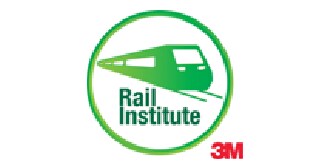Logo học viện đường sắt với hình vẽ toa xe màu xanh lá cây trong một vòng tròn và logo 3M màu đỏ ở góc.
